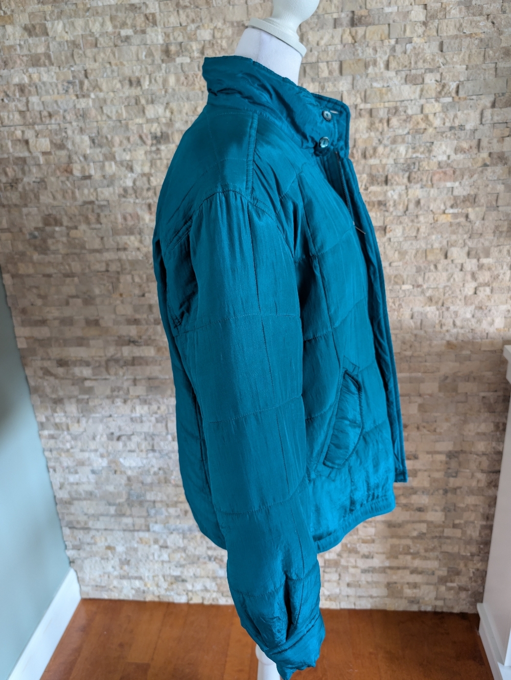 Vintage 90s Clio 100% Silk Quilted Puffer Turquoise Teal Sz M Statement Jacket image 2